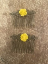  2 Retro Yellow Rose Victorian Vintage Bronze Filigree Small Hair Comb Combs