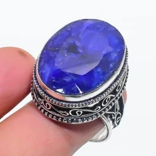 Faceted Blue Sapphire Gemstone 925 Sterling Silver Vintage Adjustable Ring z966