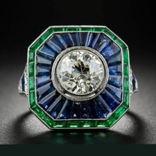 Art Deco Design Simulated 5.50 TCW Blue  White Sapphire With Emerald Women Ring