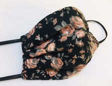 Face Mask, Three Layer, Black With Roses, Adult Sm/Youth/Child Lg, Nose Wire