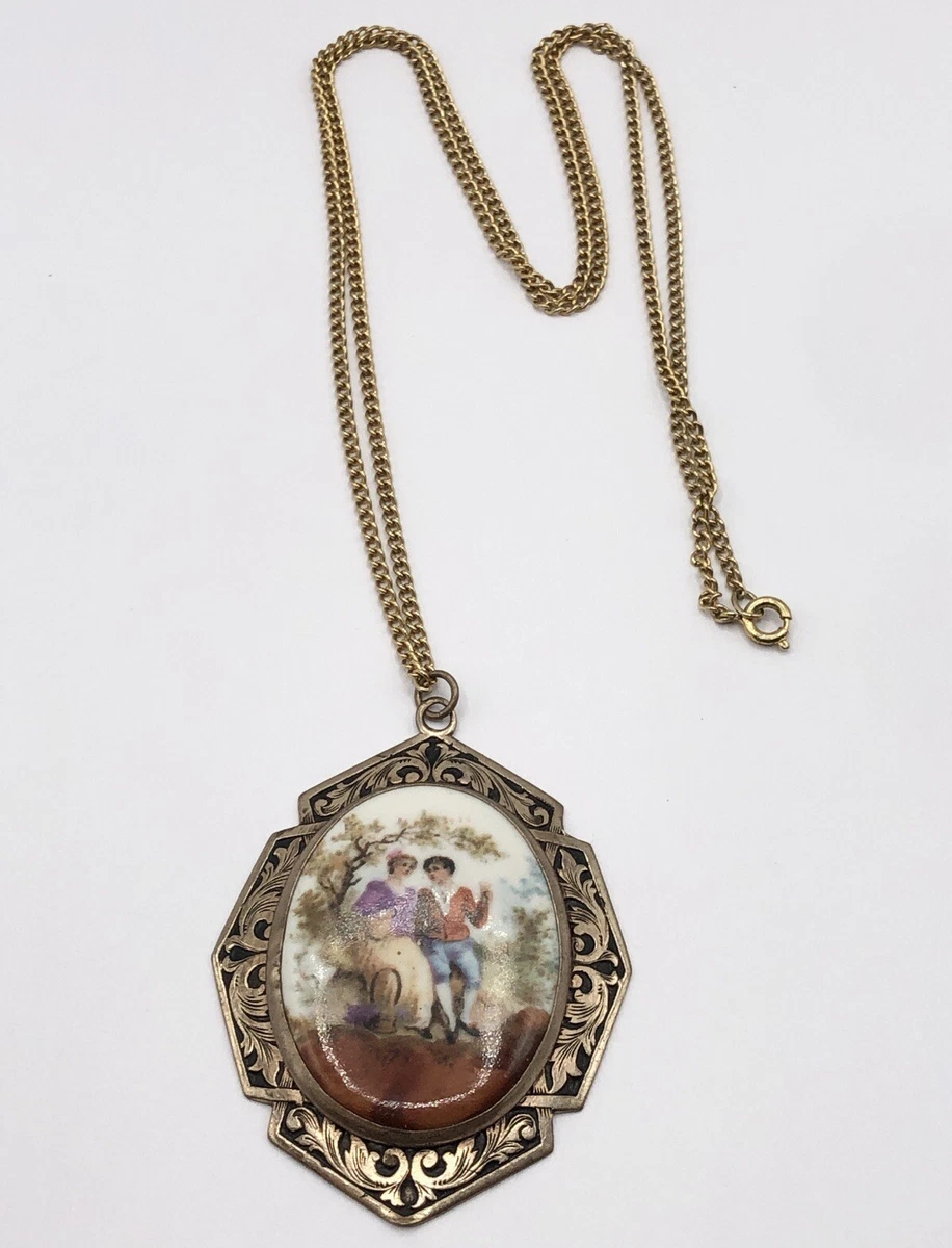 Antique Hand Painted Porcelain Couple Enamel Brass Pendant Necklace