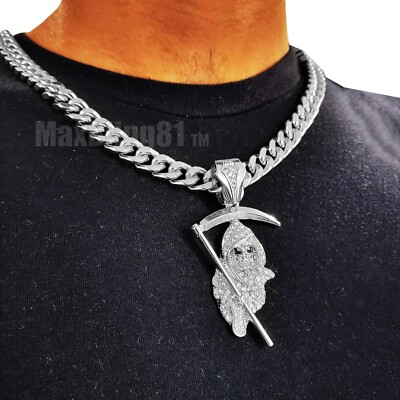 Hip Hop Silver GRIM REAPER Pendant & 10mm 18'' 20'' 24'' 30'' Cuban Chain Necklace