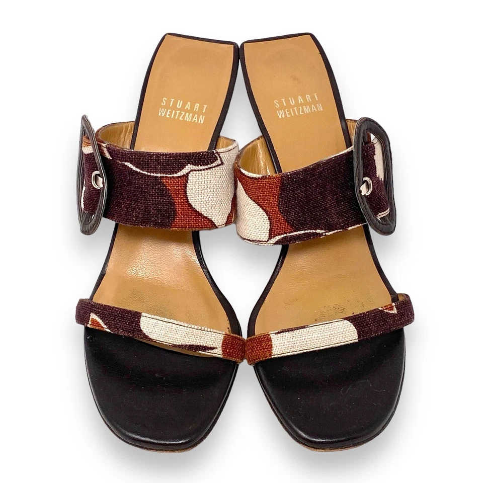 Stuart Weitzman Camouflage Double Strap Wedge Heels Slides Buckle Open Toe Brown - Imagem 2 de 4