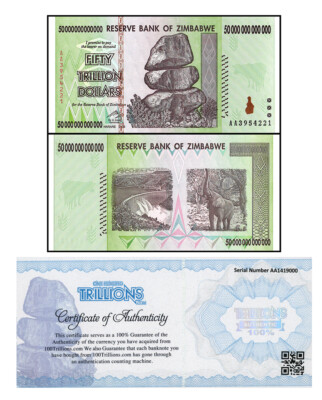 Zimbabwe 50 Trillion Dollars 2008 AA Prefix P-90 Uncirculated Banknote