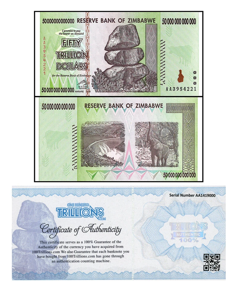 Zimbabwe 50 TRILLION DOLLAR BILL AA/2008 UNC P-90 100% COA genuine Sale FEW LEFT - Image 2 of 2