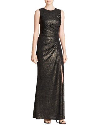 ABS Allen Schwartz ~ Black Draped Metallic Jersey Illusion Back Gown S NEW $335