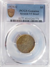1838-C CLASSIC HEAD HALF EAGLE $5 DOLLAR GOLD NICE COIN VF SCRATCH ON REVERSE