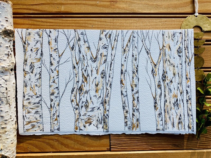 Original Watercolor Painting Landscape Birch Aspen Tree Wood Forest Gold MCM Art