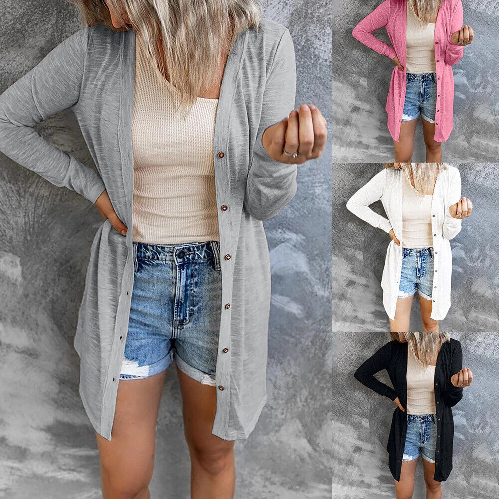 Damen Cardigan Strickjacke Langarm Pullover Shirt Lang Mantel Jacke Bluse  Tops | eBay