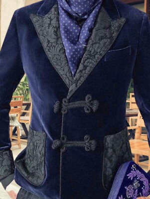 Mens Blue Velvet Smoking Jacket Elegant Choice Wedding Christmas & Host Party