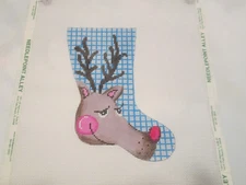 RUDOLPH MINI STOCKING-PATTI MANN-HANDPAINTED NEEDLEPOINT CANVAS