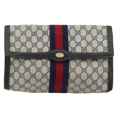 GUCCI GG Supreme Sherry Line Clutch Bag PVC Navy Gold 41 014 3087