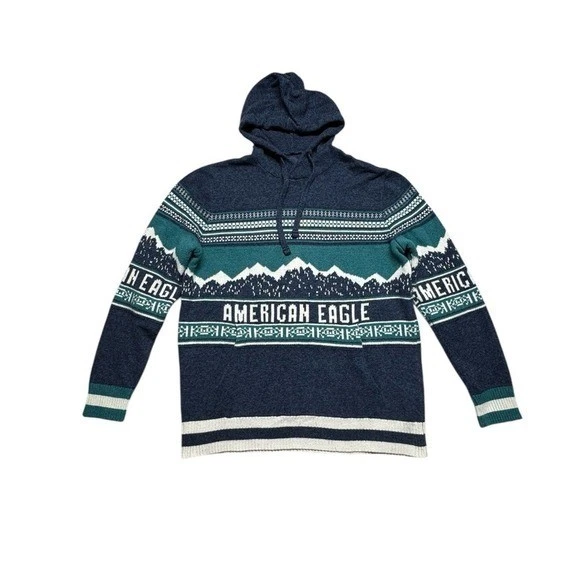 American Eagle Hooded Knit Sweater Mens Wool Blend Nordic Mountain Size Large