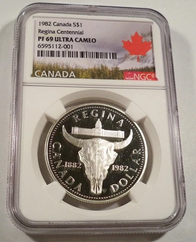 1982 NGC PF69UCAM CANADA SILVER DOLLAR REGINA 1882-1982 S$1 PR 69 ULTRA CAMEO