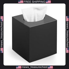 Square Plastic Tissue Box Cover Black with Non-Slip Base for Facial Tissues