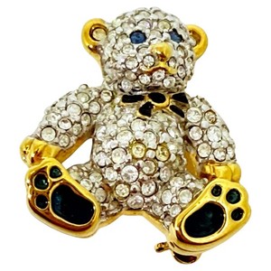 Authentic SWAROVSKI swan signed gold plated crystal blue enamel teddy bear brooch