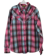 Wrangler Western Rodeo Shirt M Girls Pearl Snap Pink Aqua Embroidered Cowgirl