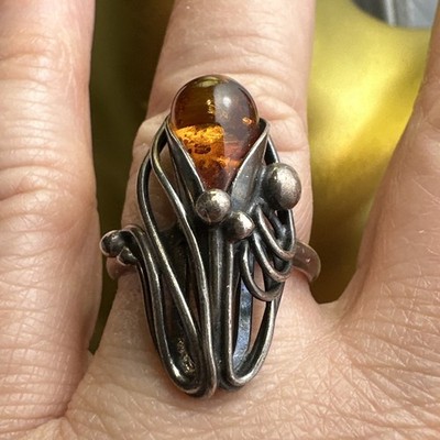 Size 9 Sterling Silver Artisan Amber Ring