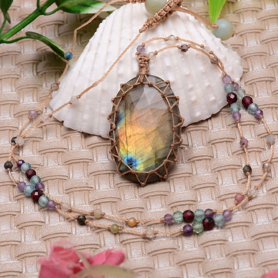 USHAQGEMS Anhänger Halskette Boho Makrame Labradorit Oval Edelstein 38.00 Cts - Bild 2 von 4