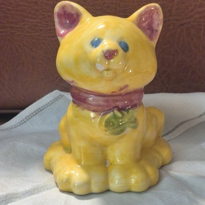 Yellow Ceramic Cat Whimsical 80's Creation Happy Cute Gift Fish Necklace 5'' 