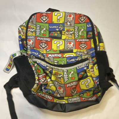 Super Mario Character Print Multicolor/Black Travel Case Backpack Zipper Used