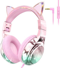 Kids Cat Ear Headphones Wired with Mic, 85/94Db Safe Volume Limit, Sparkly Wired