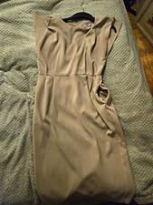 ASOS Beige Shift Dress Round Neck Satin Polyester Cut-Out Knee Zip UK 12