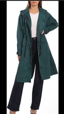 7 For All Mankind Rain Jacket L Teal Hooded Long Overcoat Parka Coat Anorak