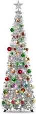 Pop up Christmas Tree with Lights & 30 Balls, 5Ft Collapsible Silver Tinsel Chri