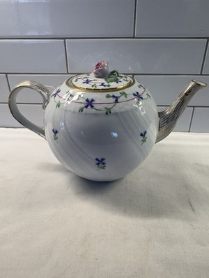 Herend Blue Garden Teapot With Pink Rose Finial On Lid 24k Gold Trim