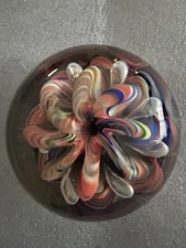 Joe St Clair Large 4” Ribbon Paperweight W/Rare Orange, Blue, Green Coloring. EC