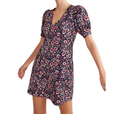 Boden Floral V Neck Puff Short Sleeve A Line Dress Womens Size US 2P 100% Cotton