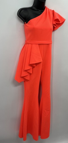 Ashley Lauren Girl High Neck Side Ruffle Neon Orange Fuchsia Scuba Jumpsuit ~12 - Picture 1 of 16