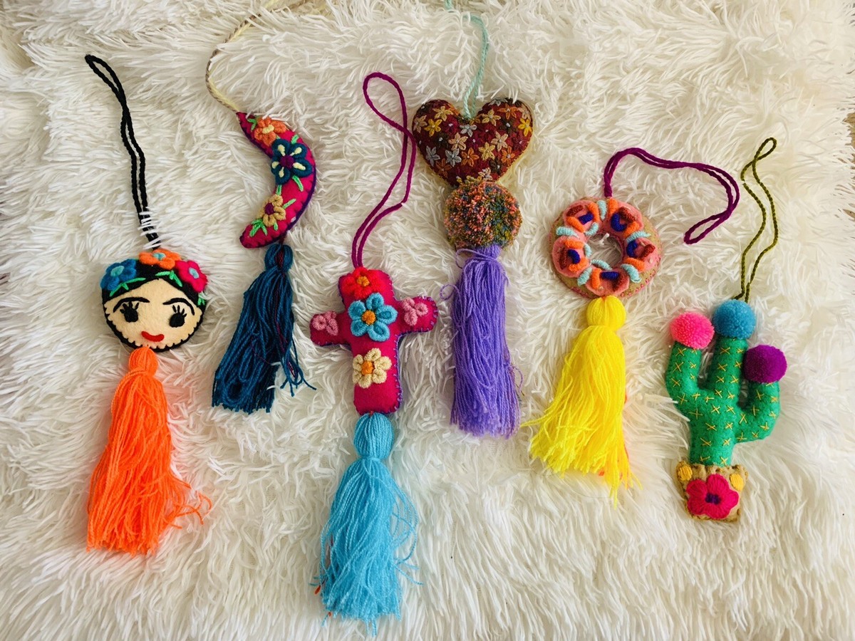 6 Mexican Embroidered Lot Keychain Handbag Charm Handmade Ornament