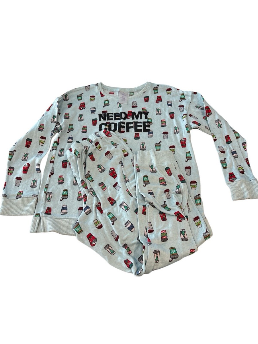 SECRET TREASURES Women's L 12-14 Need My Coffee Blue Sleepwear PJs Set