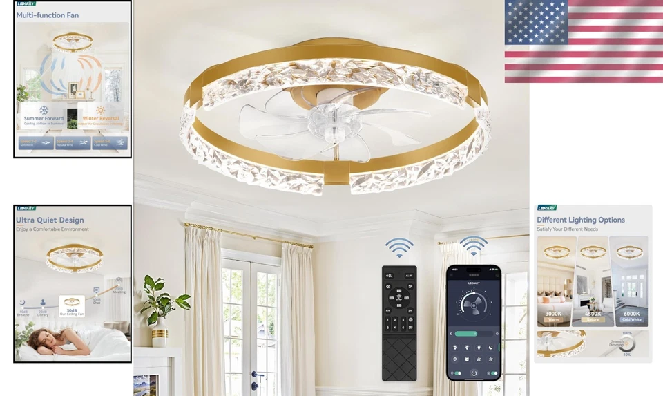 Dimmable LED Ceiling Fan with Adjustable Temperature and Quiet Motor in Gold - Image 2 of 4