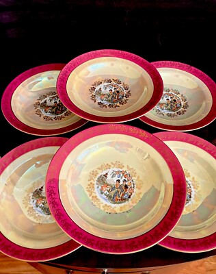 Vtg 6 SEP Bowls 9''  Luster Porcelain Japanese Geisha  Girls Made in GDR Germany