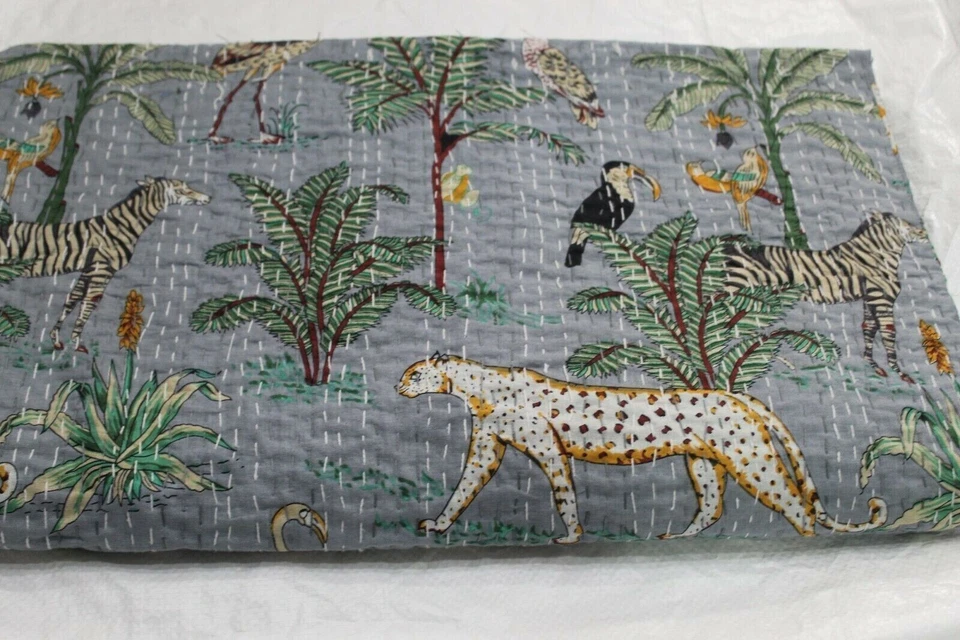 Индийский король размер джунглей печати Kantha лоскутное одеяло хлопок покрывало серый плед плед - Изображение 4 из 4