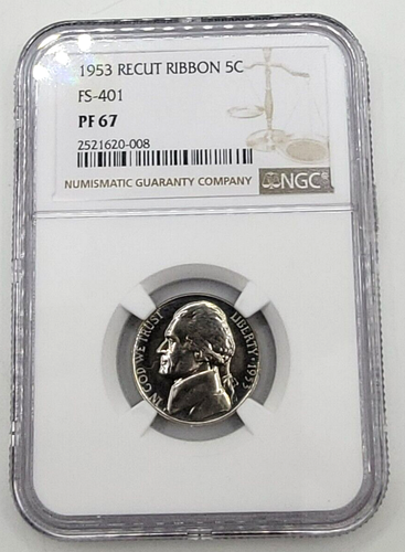 1953 Proof Jefferson Nickel Recut Ribbon FS 401 PF 67 NGC PR 67 Light Tone - Picture 4 of 7