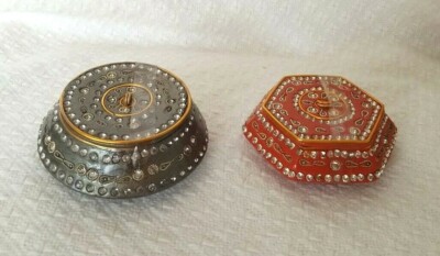 Pair of Lacquered Metal Trinket Boxes 1 Orange 1 Olive Both w/ Rhinestones