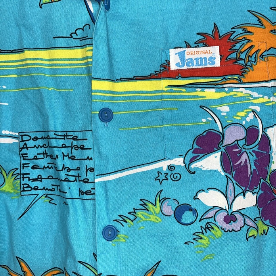 Vintage Original Jams Hawaii Surf Line Button Up Shirt Medium Blue Made