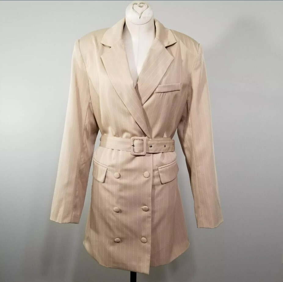 Nasty Gal Collection Beige Pinstripe Belted Blazer Jacket Mini Dress Womens 4