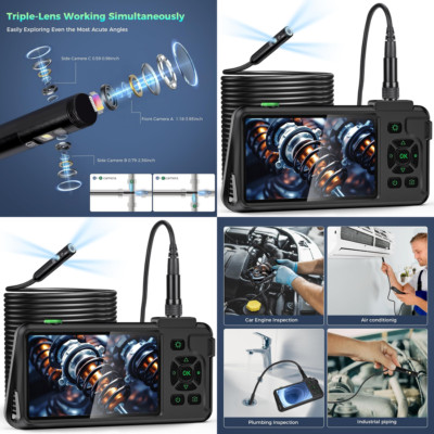Industrial Endoscope Borescope Sewer Pipe Inspection Camera TRIPLE LENS Cam 50FT