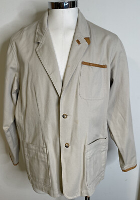 Orvis Jacket Mens 48R Tan Khaki Sport Coat Cotton Leather Trim Barn Chore Field