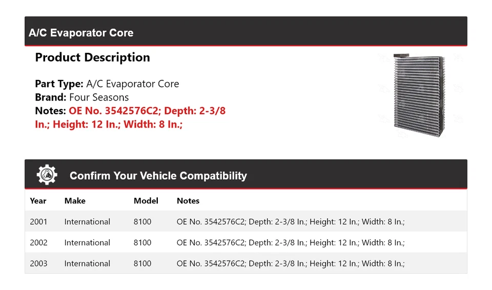 Núcleo evaporador de aire acondicionado International 8100 2001-2003 4 estaciones 2002 Foto 2 de 4