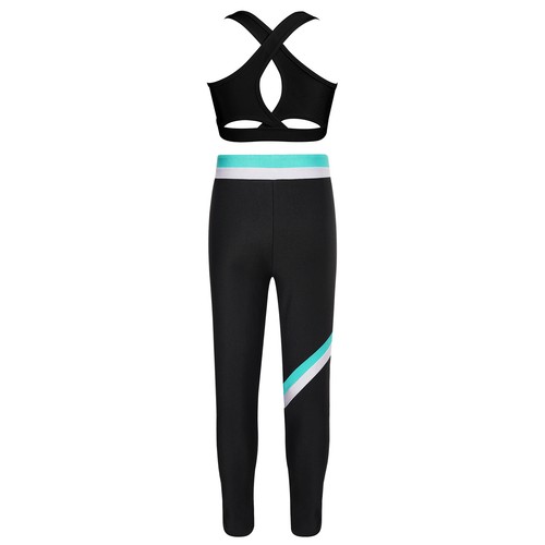 Kids Girls Dancewear Keyhole Outfits Sports Set Tights Costume Sleeveless Suit - Picture 9 of 50