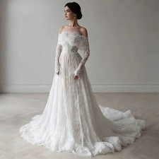 Ivory Lace Wedding Dress Strapless Off Shoulder Draped Train A-Line Bridal Gown