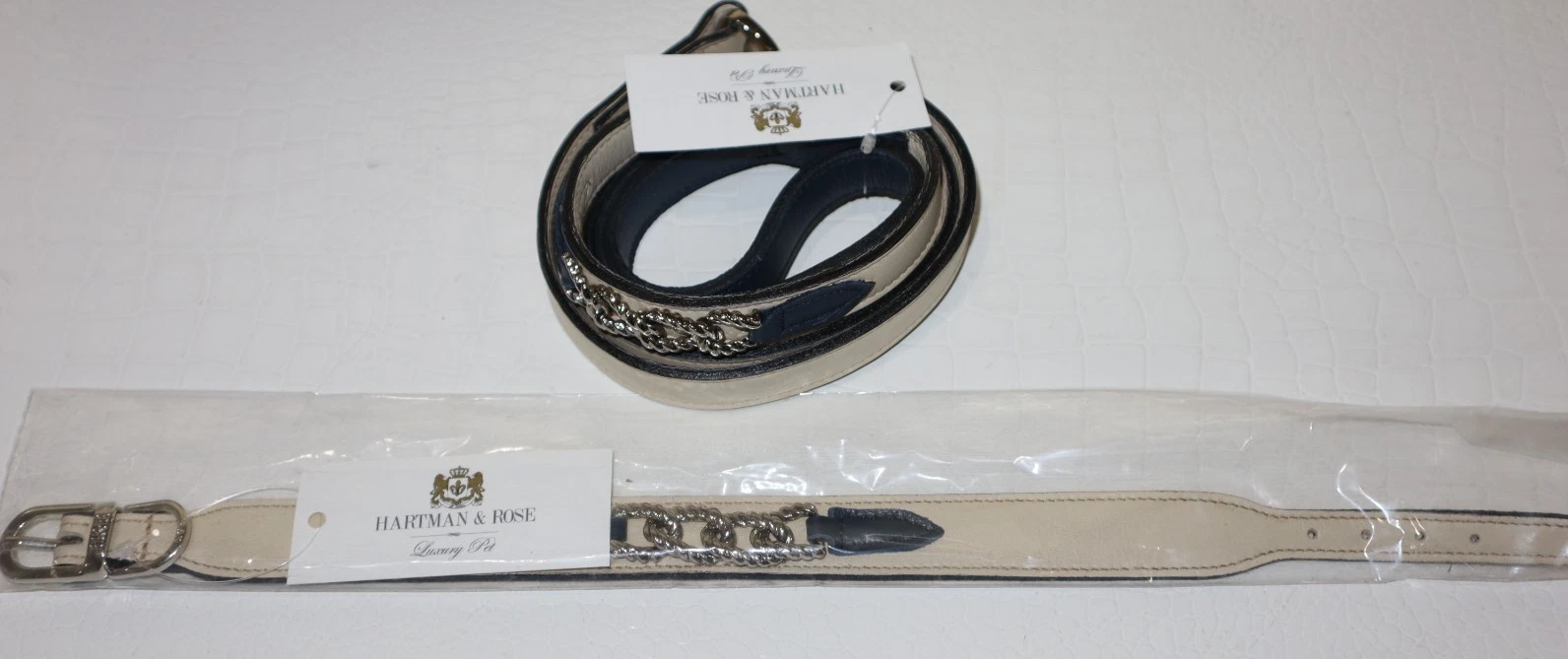 NWT Hartman & Rose Luxury Pet Mayfair Dog Collar & Lead in Eggshell & Charcoal