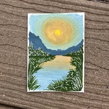 Aceo Original Landscape Sunset Gouache Painting Art Card