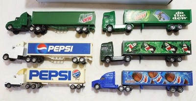 HO 6 Maisto, Golden Wheel, Road Champs Diecast carriers Pepsi, 7up, Mtn Dew